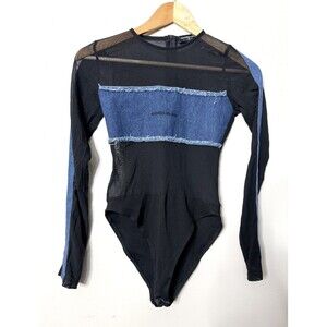 Maniere De Vior Bodysuit Size 8 Black Long Sleeve Mesh Denim